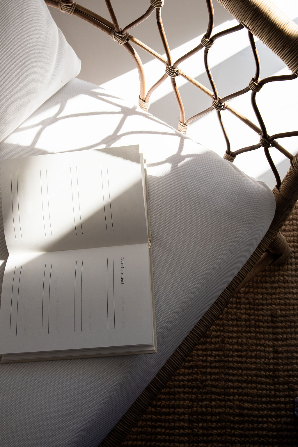 Open manifestation journal in natural sunlight on a woven chair — mindset work and intentional business growth for beauty professionals.